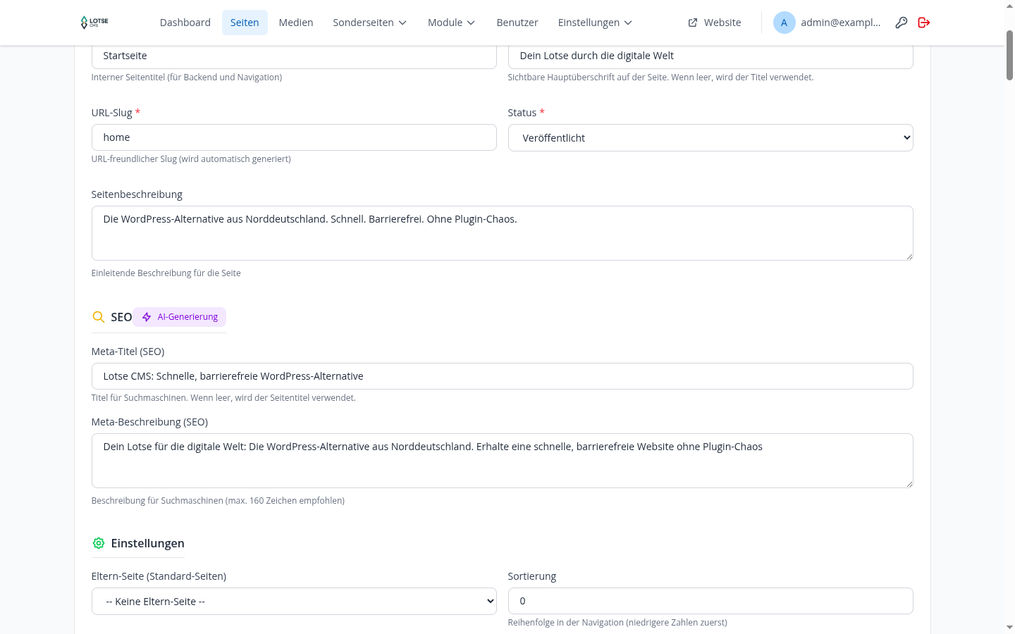 SEO-Abschnitt mit AI-Generierung-Button