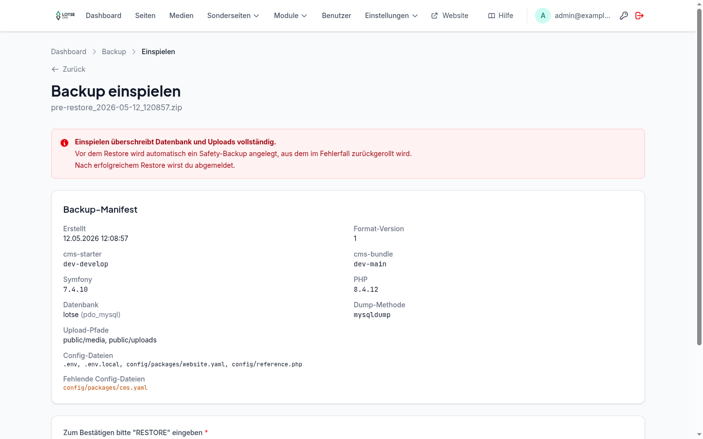 Restore-Bestätigung mit Manifest und RESTORE-Eingabe