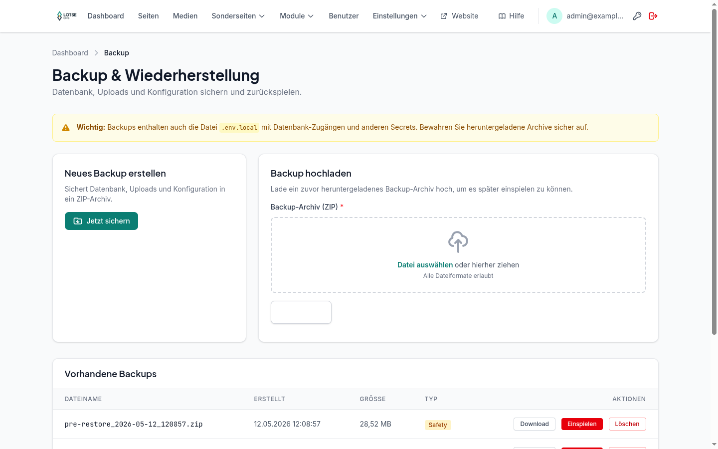 Backup-Übersicht mit Aktionen und Backup-Liste